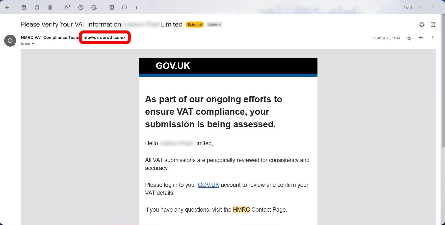 Example of HMRC phishing email